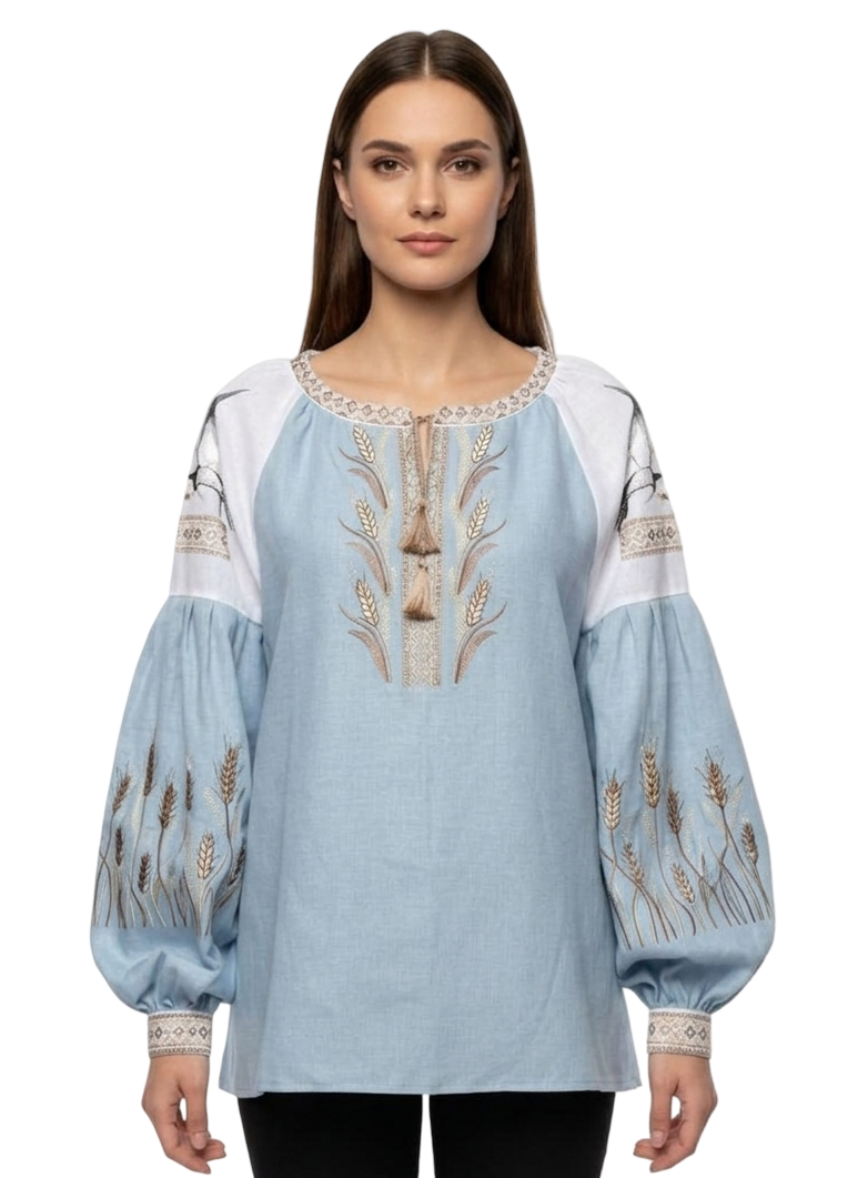 Custom Linen Blouse, Wheat Ear Embroidery, Blue White Boho Top, Ukrainian Vyshyvanka, Folk Peasant Tunic, Plus Size Shirt, Personalized Gift