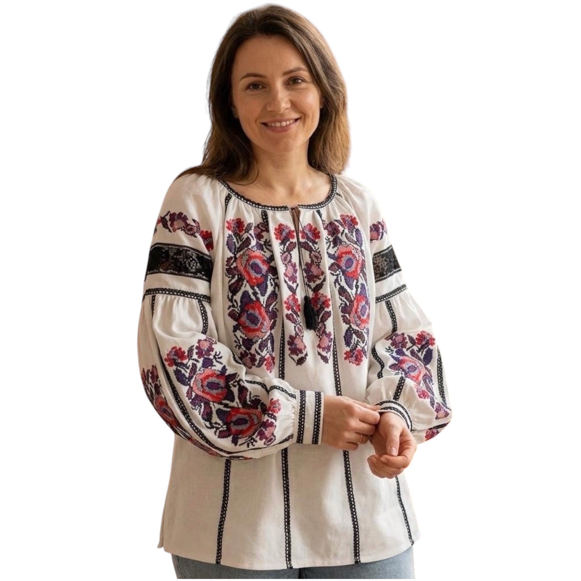 White Linen Vyshyvanka | Floral Embroidered Blouse with Black Lace | Ukrainian Family Look Shirt | Boho Folk Top for Women | Rose Embroidery