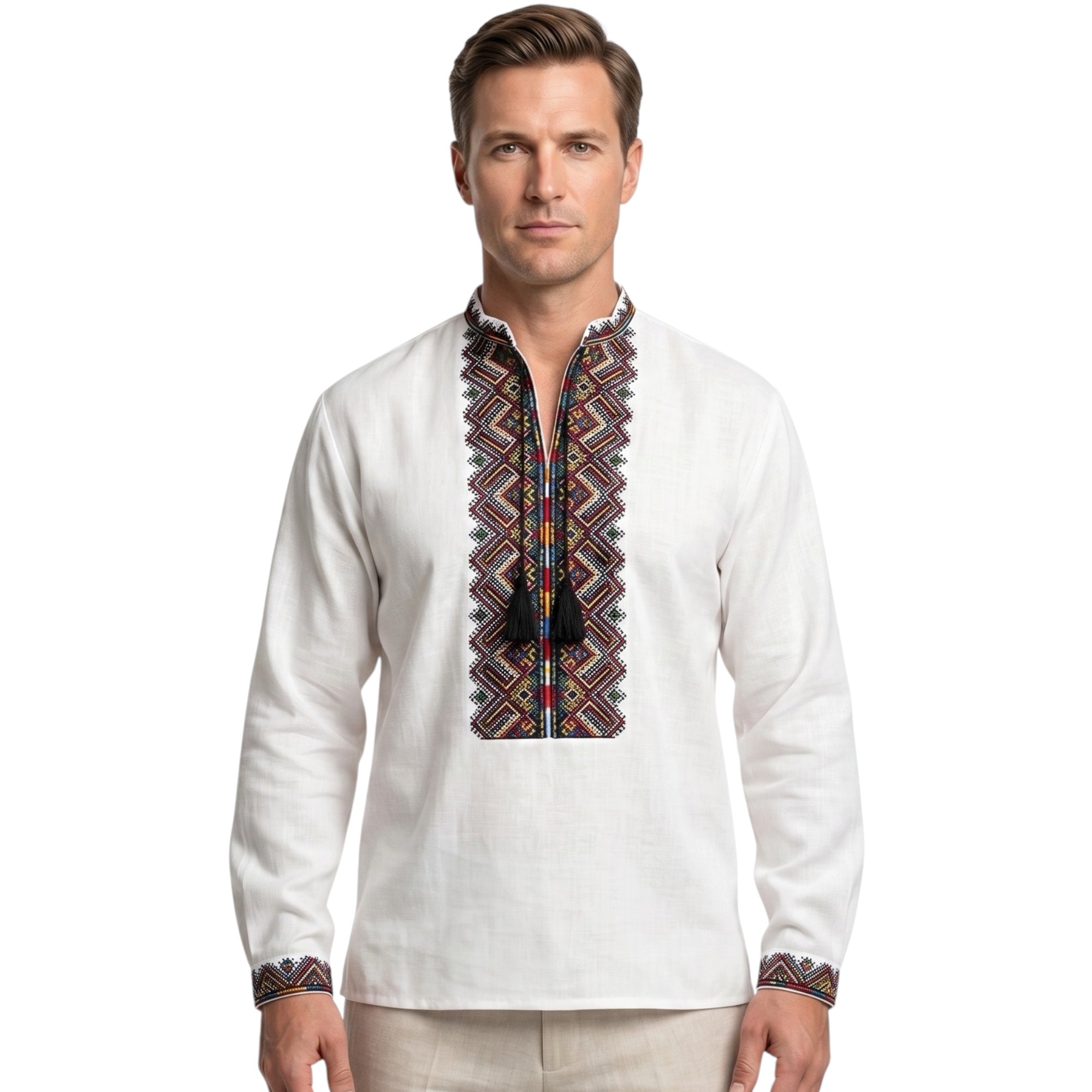 Verkhovyna Embroidered Shirt, Men's Linen Blend Tunic, Geometric Hutsul Pattern, Ukrainian Easter Outfit, Matching Couple, Custom Fit