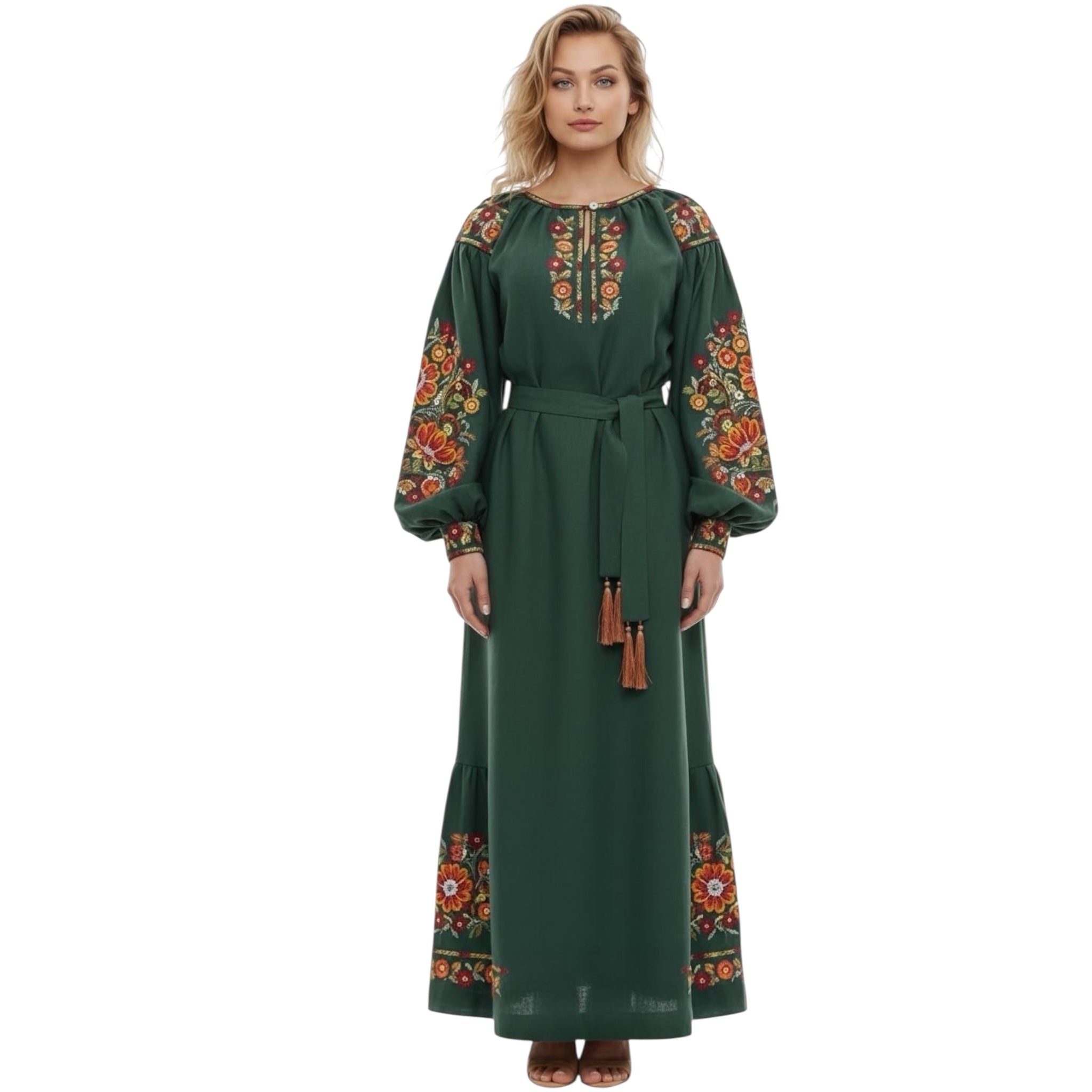 Green Linen Vyshyvanka Dress, Embroidered Boho Maxi Gown, Ukrainian Folk Clothing, Long Sleeve Kaftan, Wedding Guest Gift