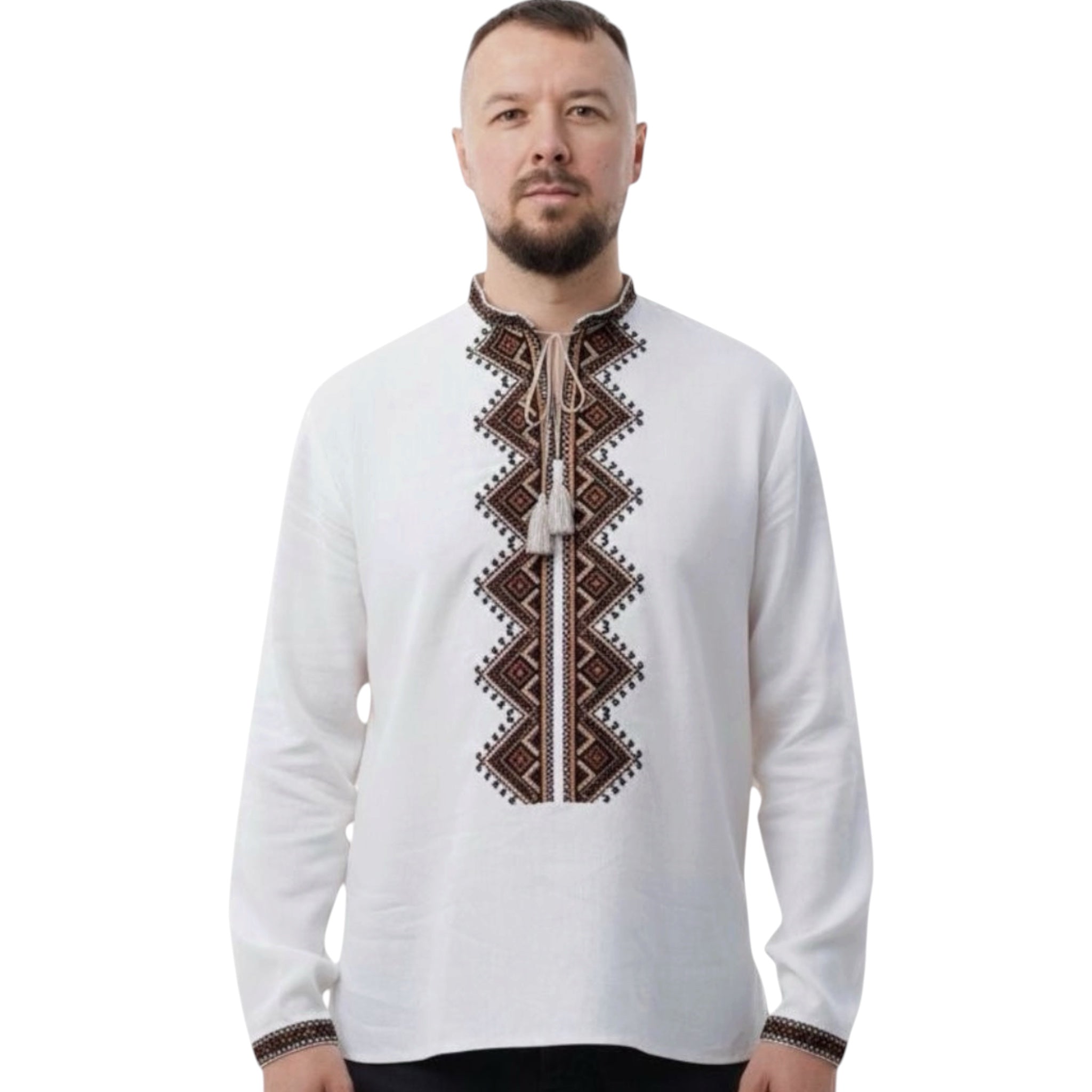 Men’s Brown Linen Embroidered Shirt | Ukrainian Folk Geometric Pattern | 70/30 Linen-Viscose
