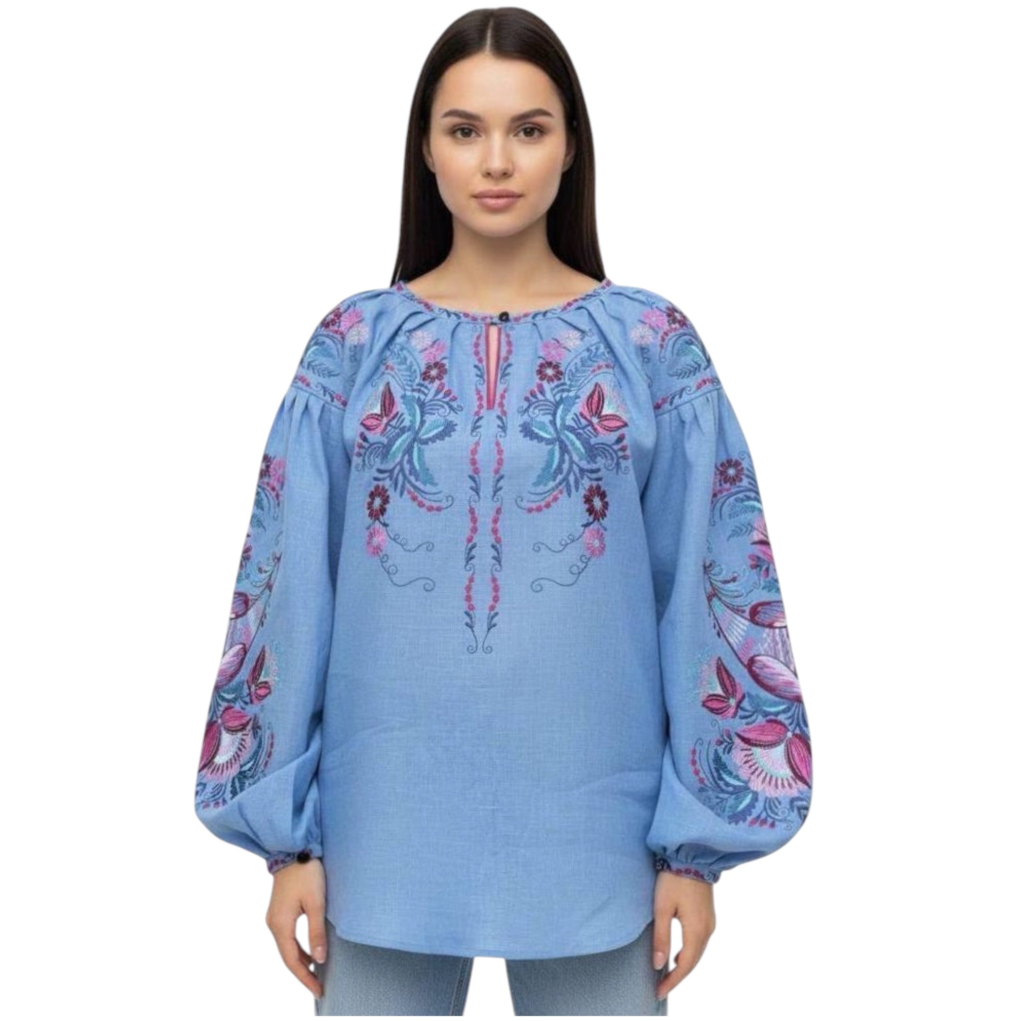 Blue Linen Vyshyvanka, Petrykivka Floral Boho Top, Ukrainian Embroidered Blouse, Folk Peasant Shirt,