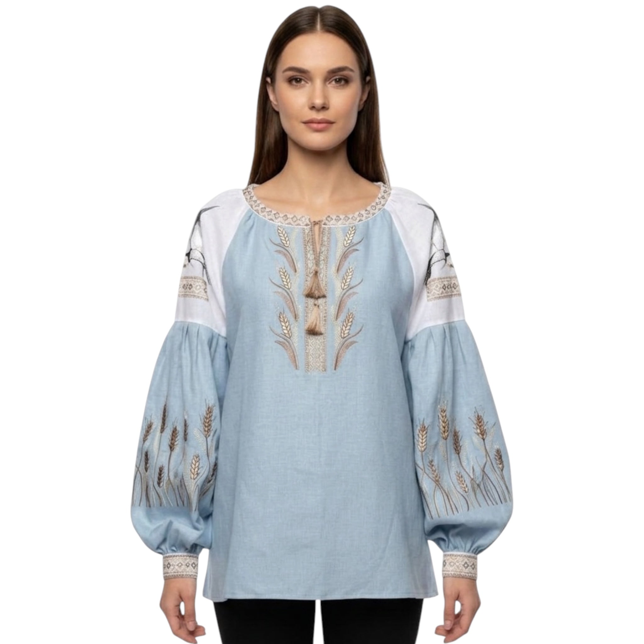 Custom Linen Blouse, Wheat Ear Embroidery, Blue White Boho Top, Ukrainian Vyshyvanka, Folk Peasant Tunic, Plus Size Shirt, Personalized Gift