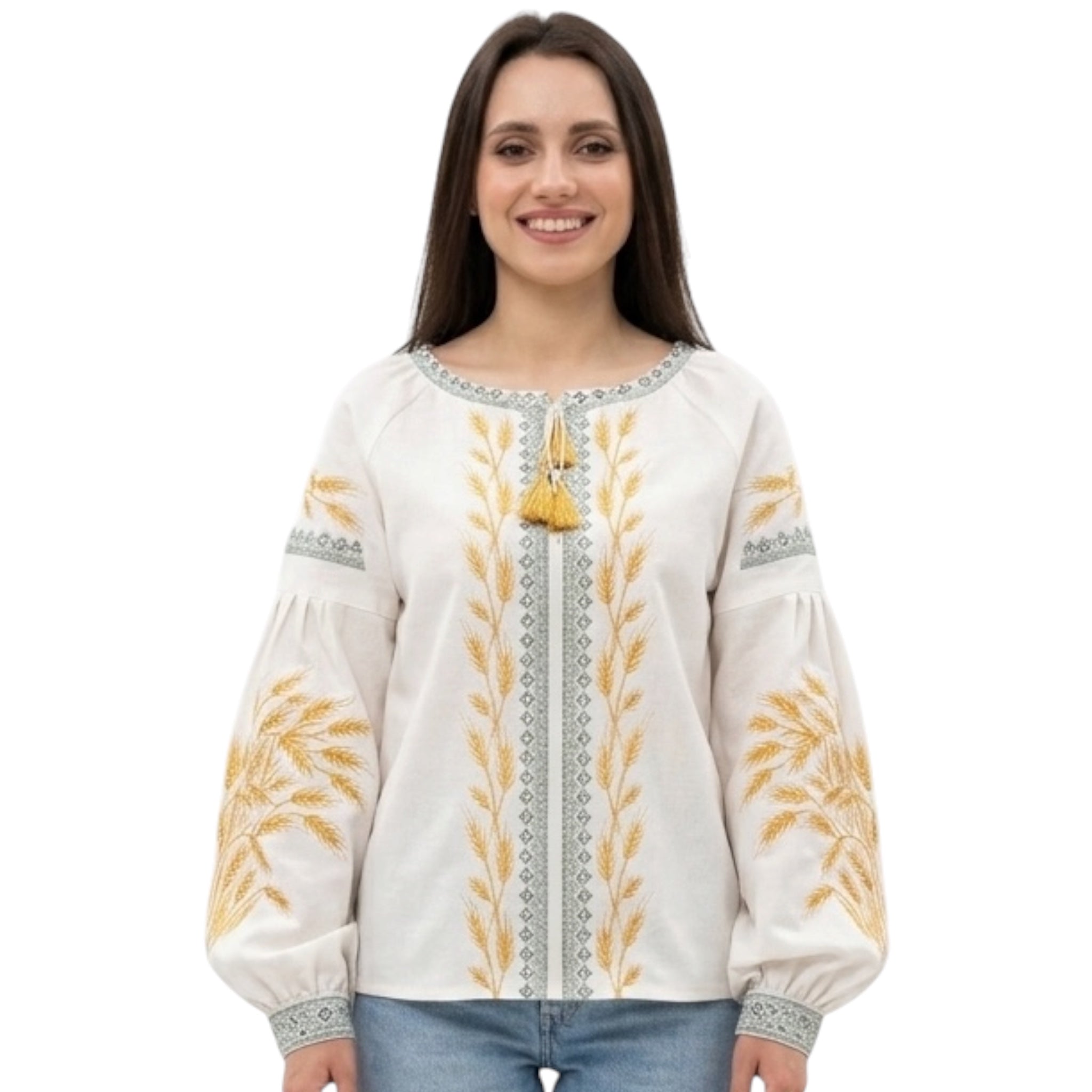 Ukrainian Vyshyvanka Blouse – Ivory Linen Embroidered Shirt with Golden Wheat and Green Trim, Folk Boho Ethno Clothing