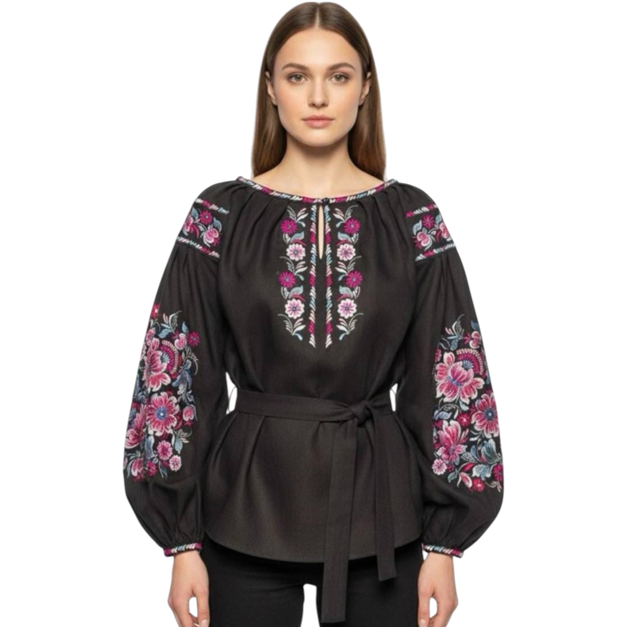 Handcrafted Linen Top, Black Boho Shirt, Pink Floral Embroidery, Ukrainian Blouse, Festival Outfit, Personalized Gift