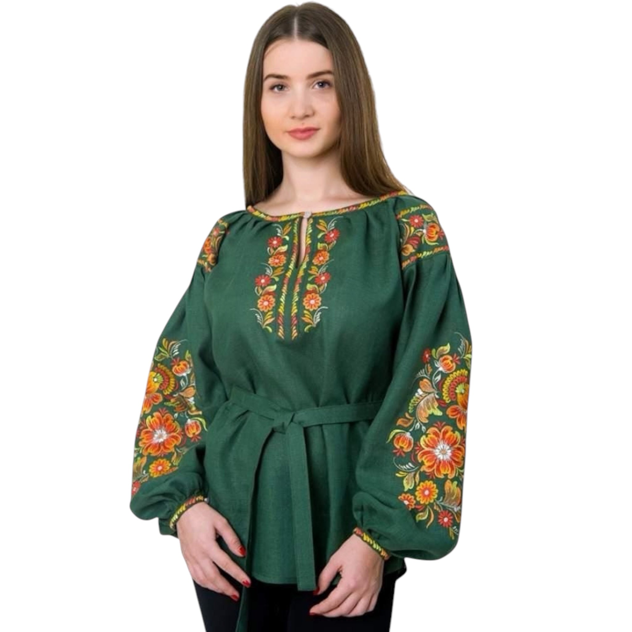 Emerald Green 100% Linen Blouse | Petrykivka Floral Embroidery | Ukrainian Vyshyvanka | Boho Folk Peasant Top | Eco Gift & Family Look