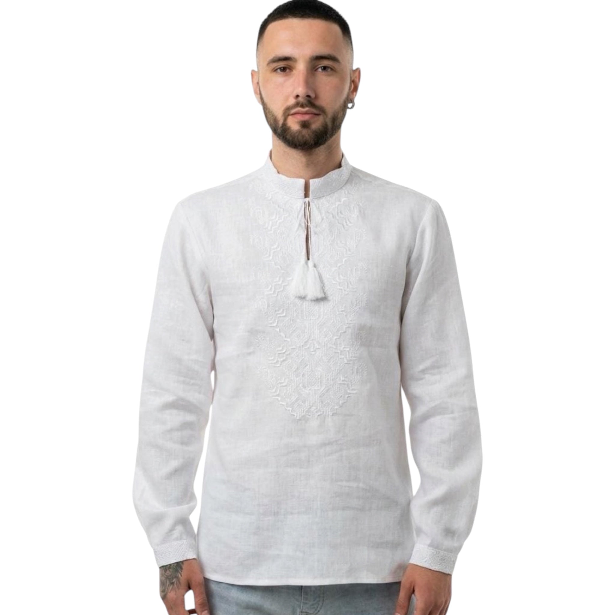 White on White Linen Shirt Men, Tone on Tone Embroidery, Groom Wedding Outfit, Custom Size Tunic, Minimalist Boho Top, Big and Tall Friendly