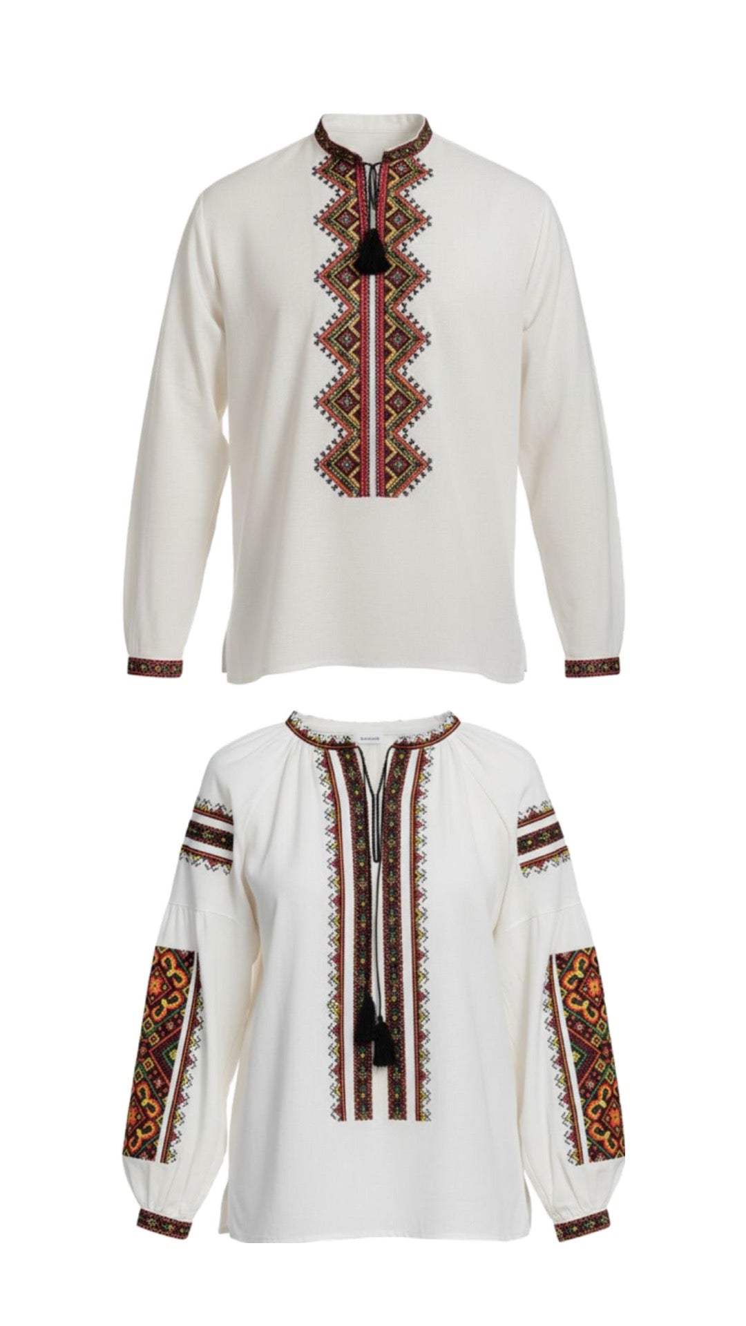 Matching Couple Outfit, Linen Blend Blouse, Geometric Vyshyvanka, Boho Folk Top