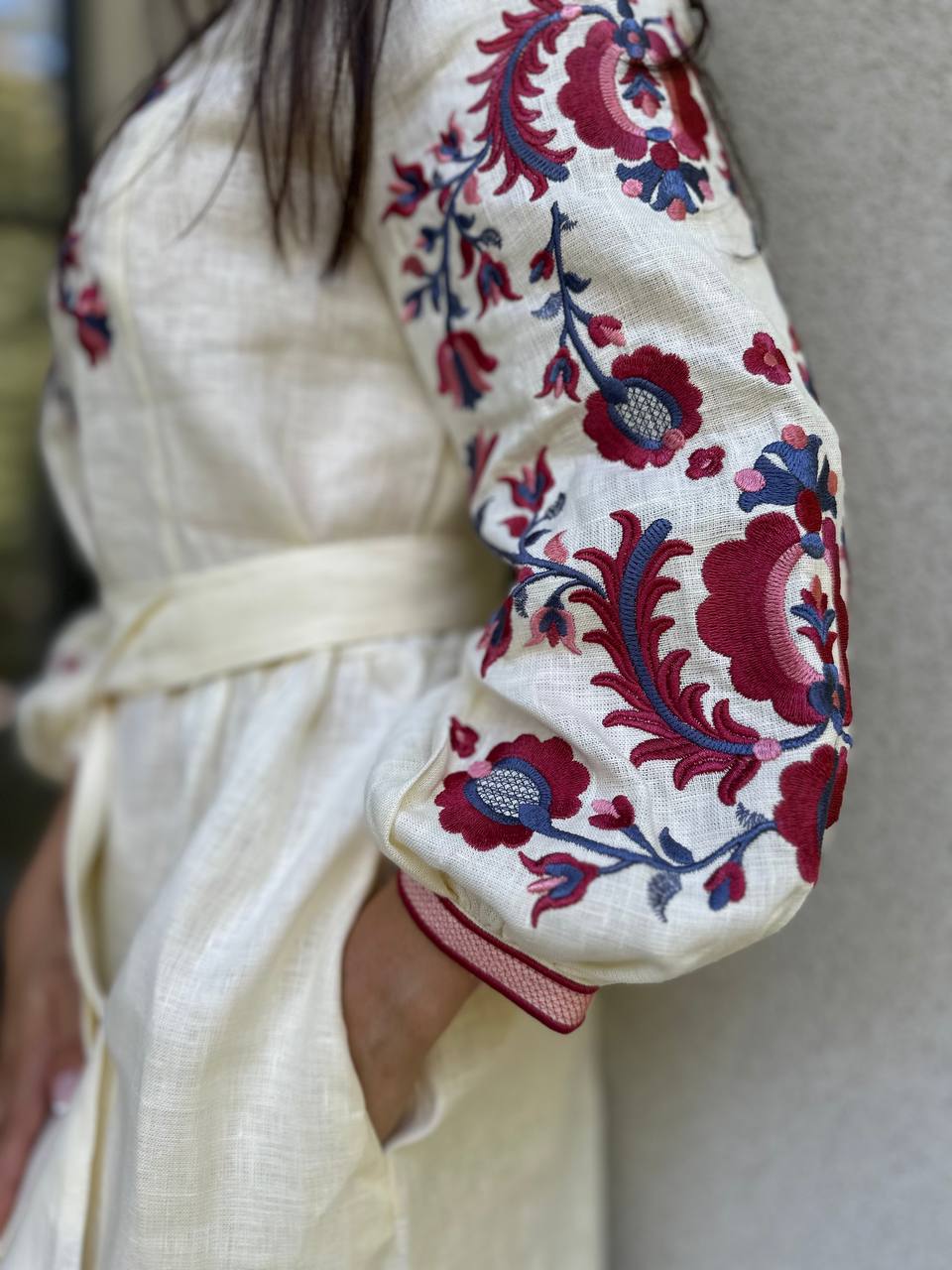 Cream Linen Floral Embroidery Dress