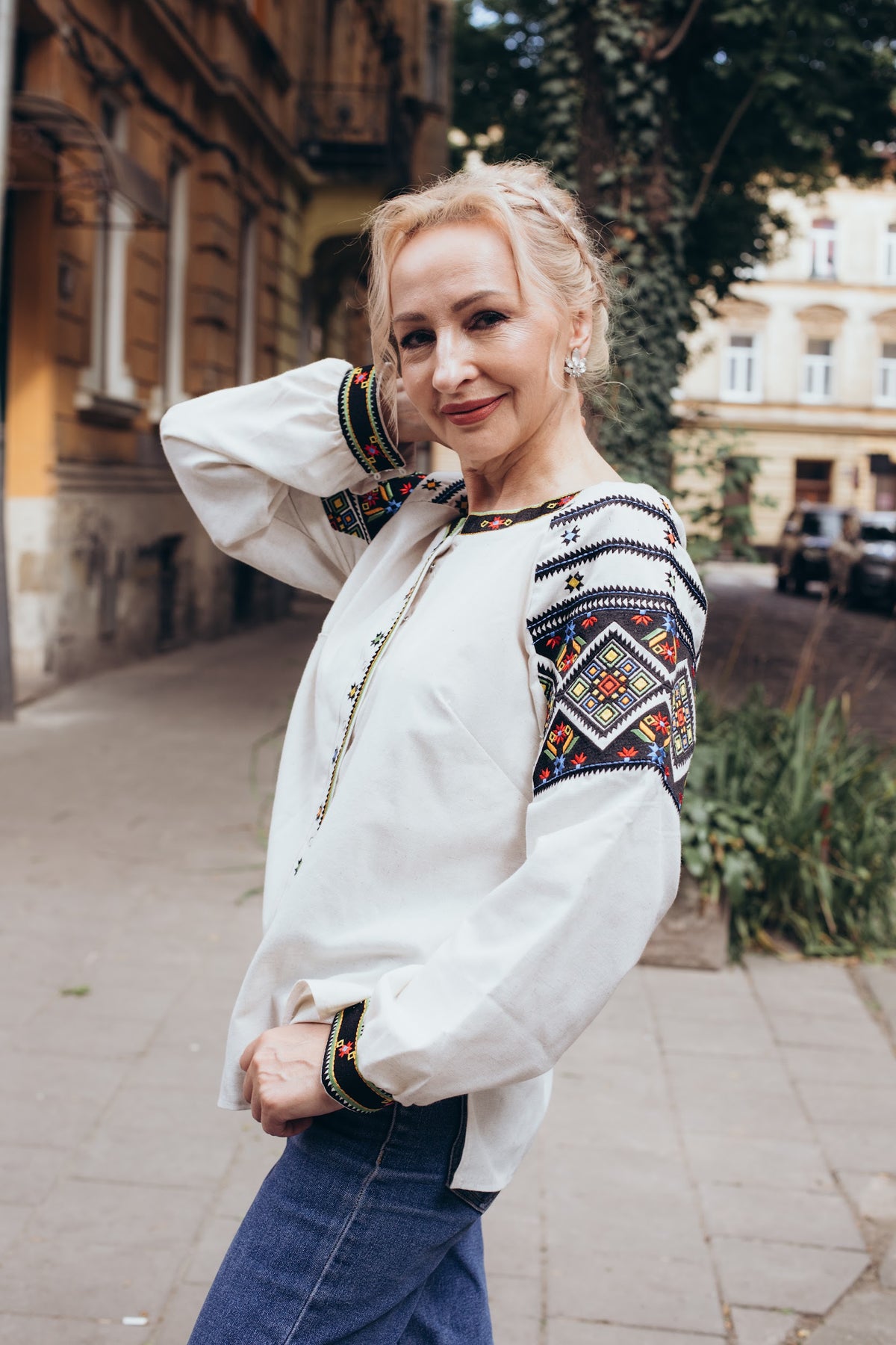 Button-Down Vyshyvanka with Geometric Pattern