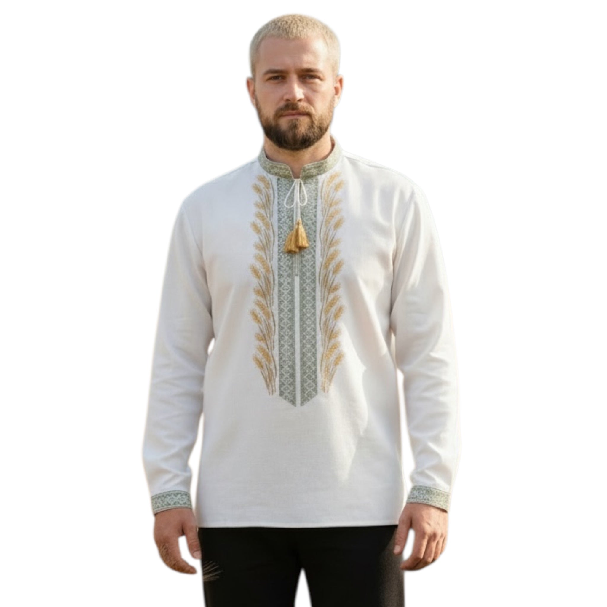 Embroidered Men’s Shirt – Ukrainian Vyshyvanka with Wheat Symbol and Folk Patterns