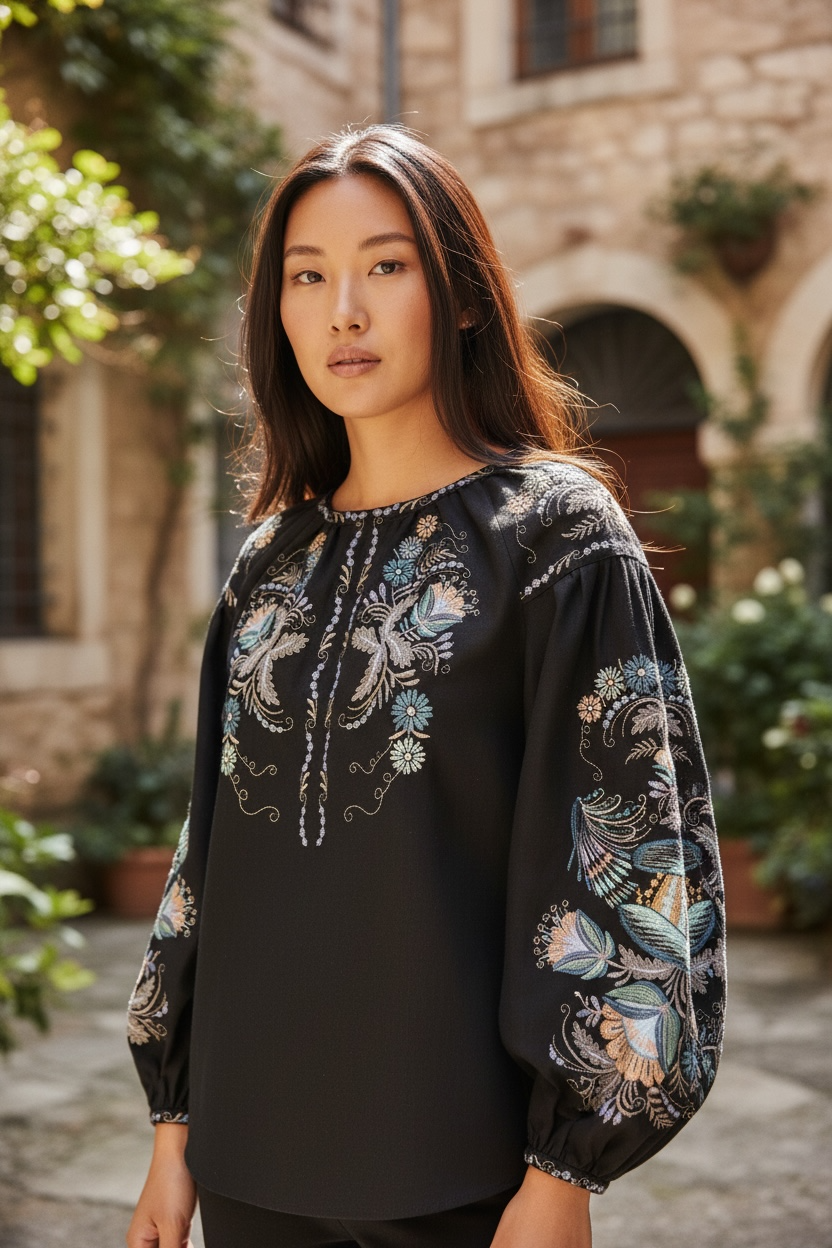 Black Linen Vyshyvanka Blouse | Hand Embroidered Ukrainian Shirt | Petrikivka Floral Embroidery
