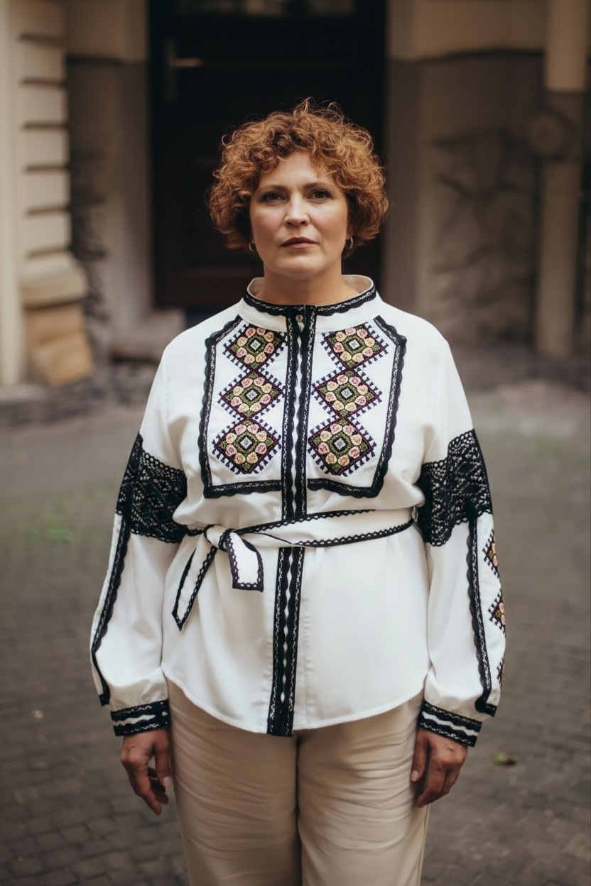 White Lace Trim Blouse, Embroidered Shirt Jacket, Snap Button Top, Hutsul Geometric Pattern, Ukrainian Easter Outfit, Custom Size Shacket