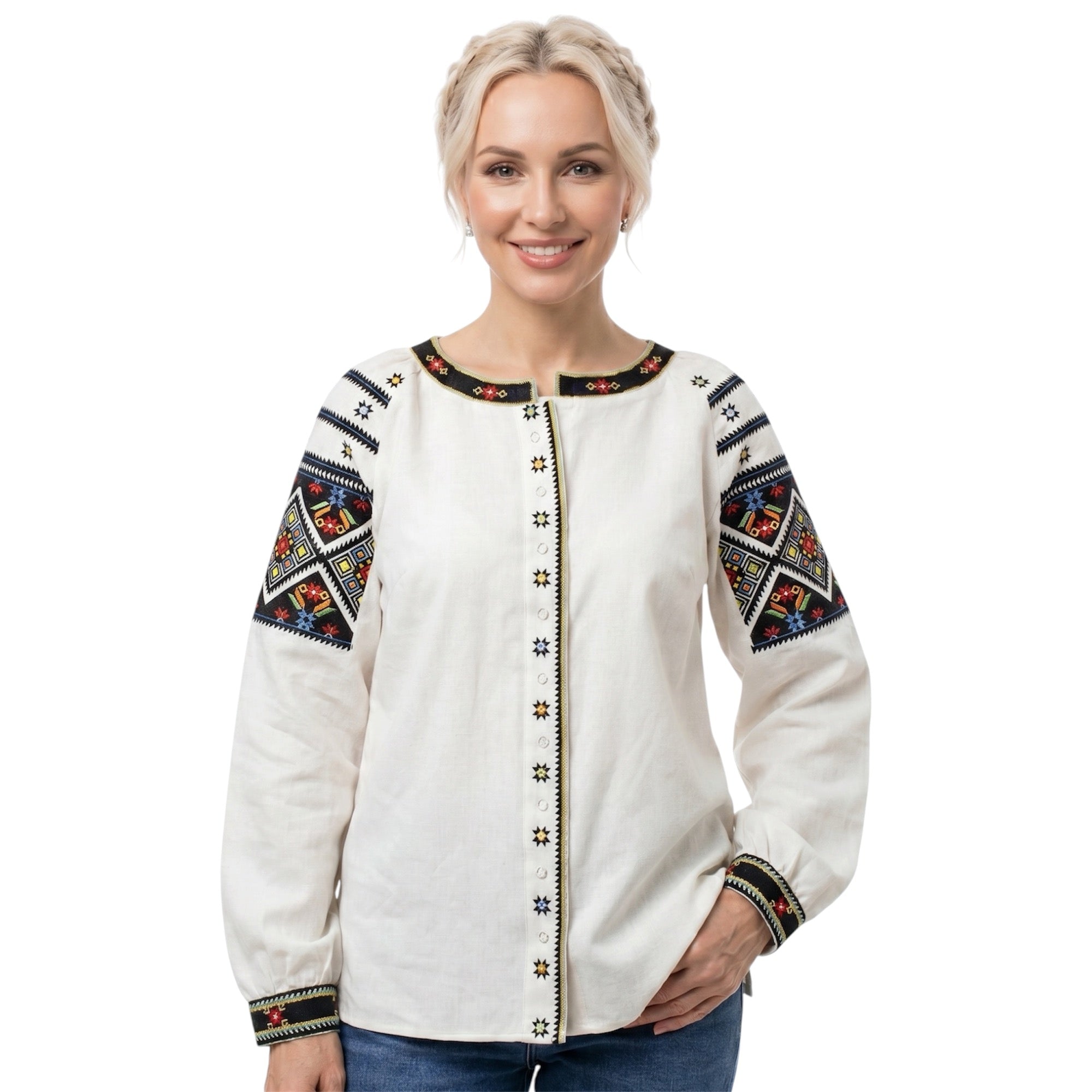 Button-Down Vyshyvanka with Geometric Pattern