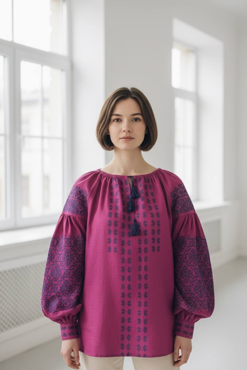 Pink Linen Blouse with Navy Blue Embroidery