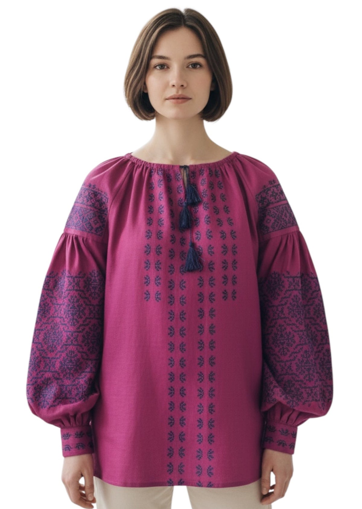 Pink Linen Blouse with Navy Blue Embroidery