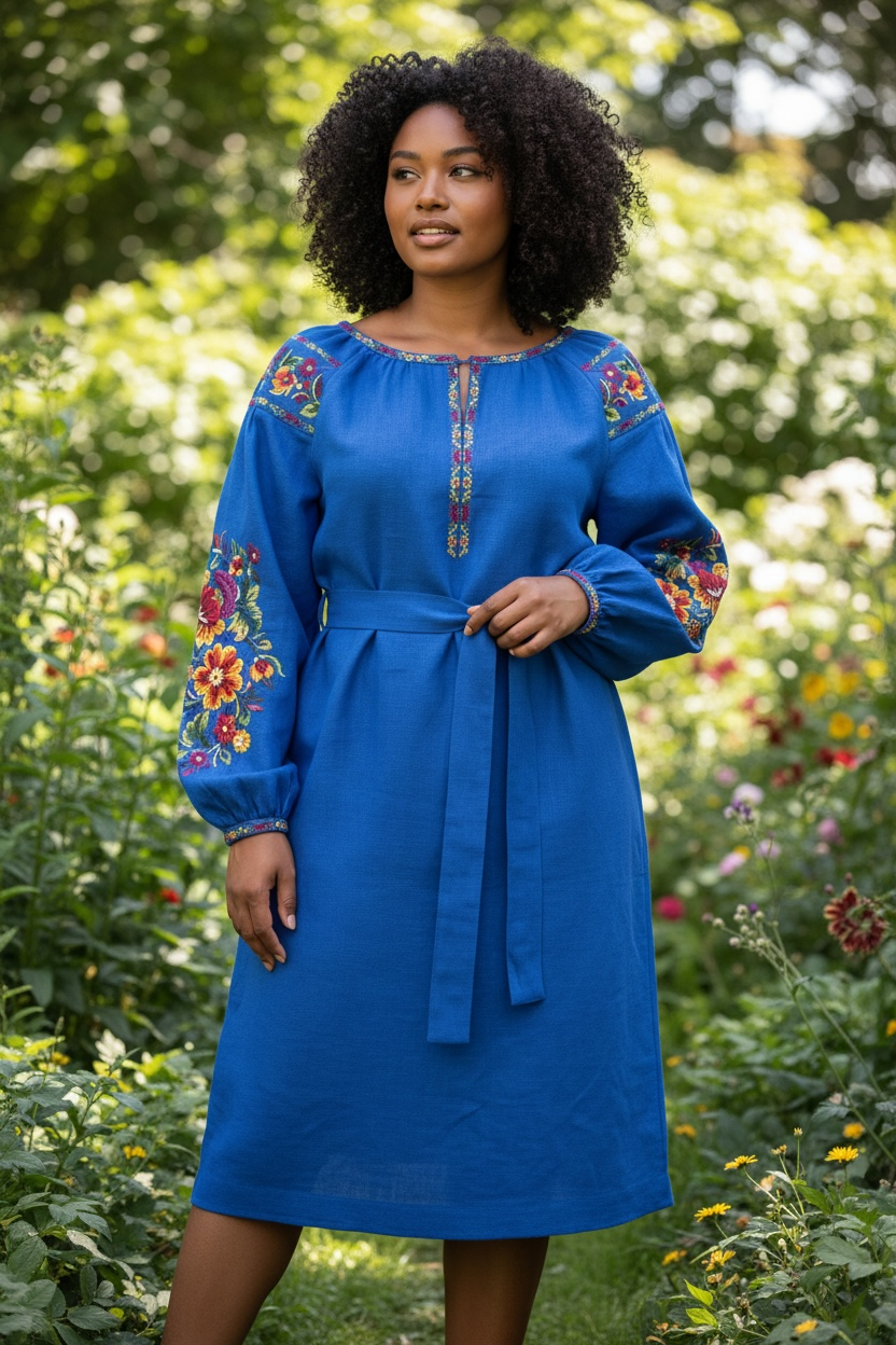 Blue Linen Midi Dress