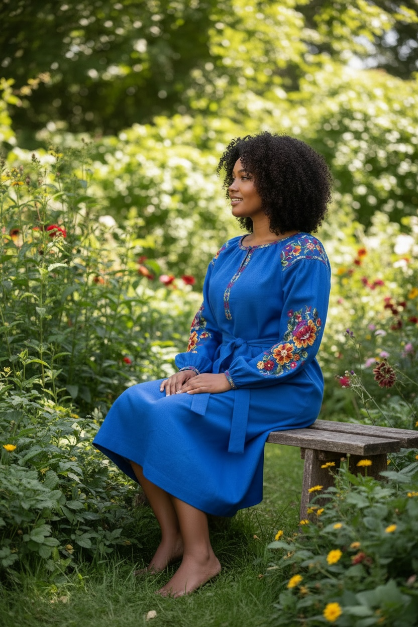 Blue Linen Midi Dress