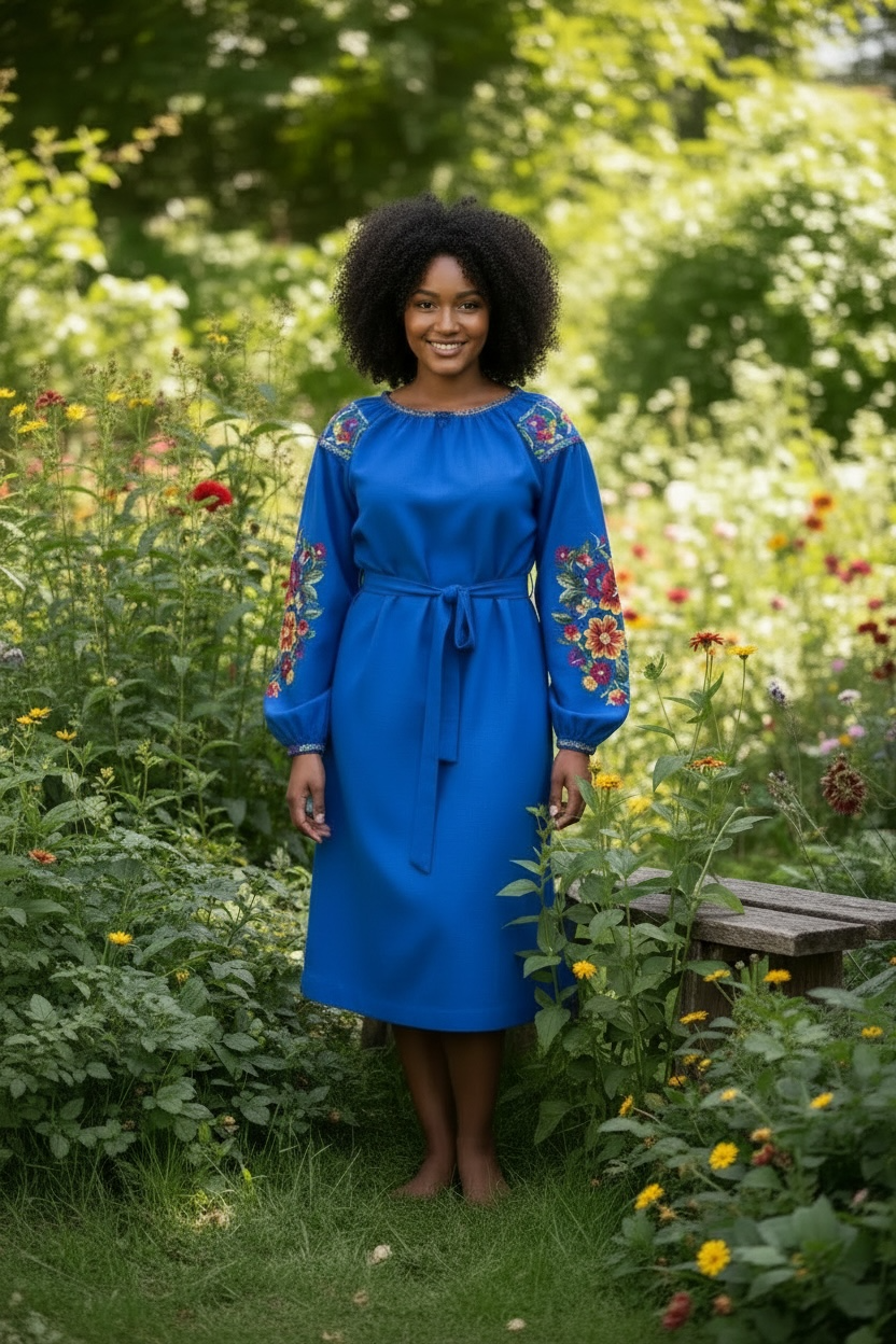 Blue Linen Midi Dress