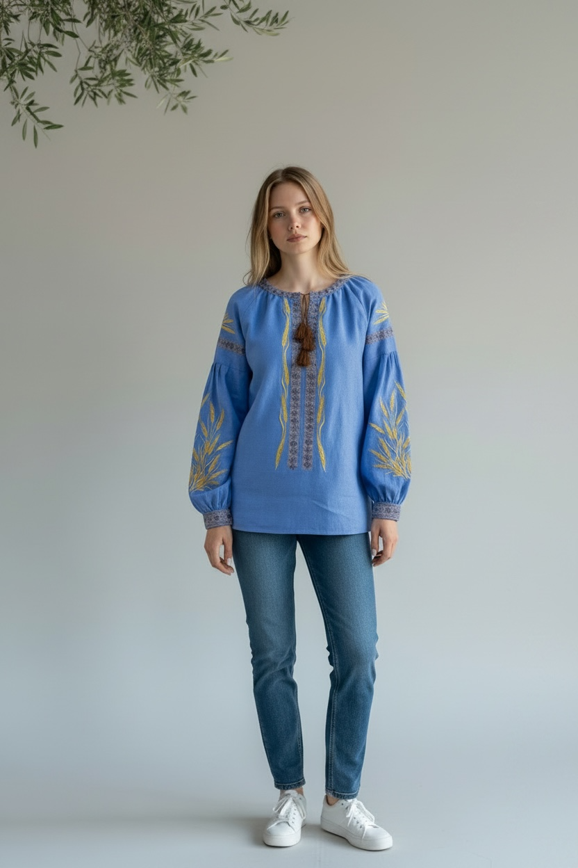 Blue Linen Viscose Blouse-Golden Wheat Embroidery