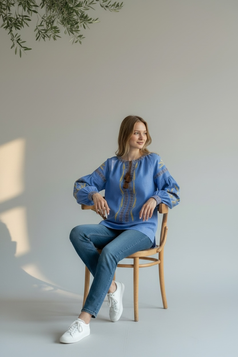 Blue Linen Viscose Blouse-Golden Wheat Embroidery