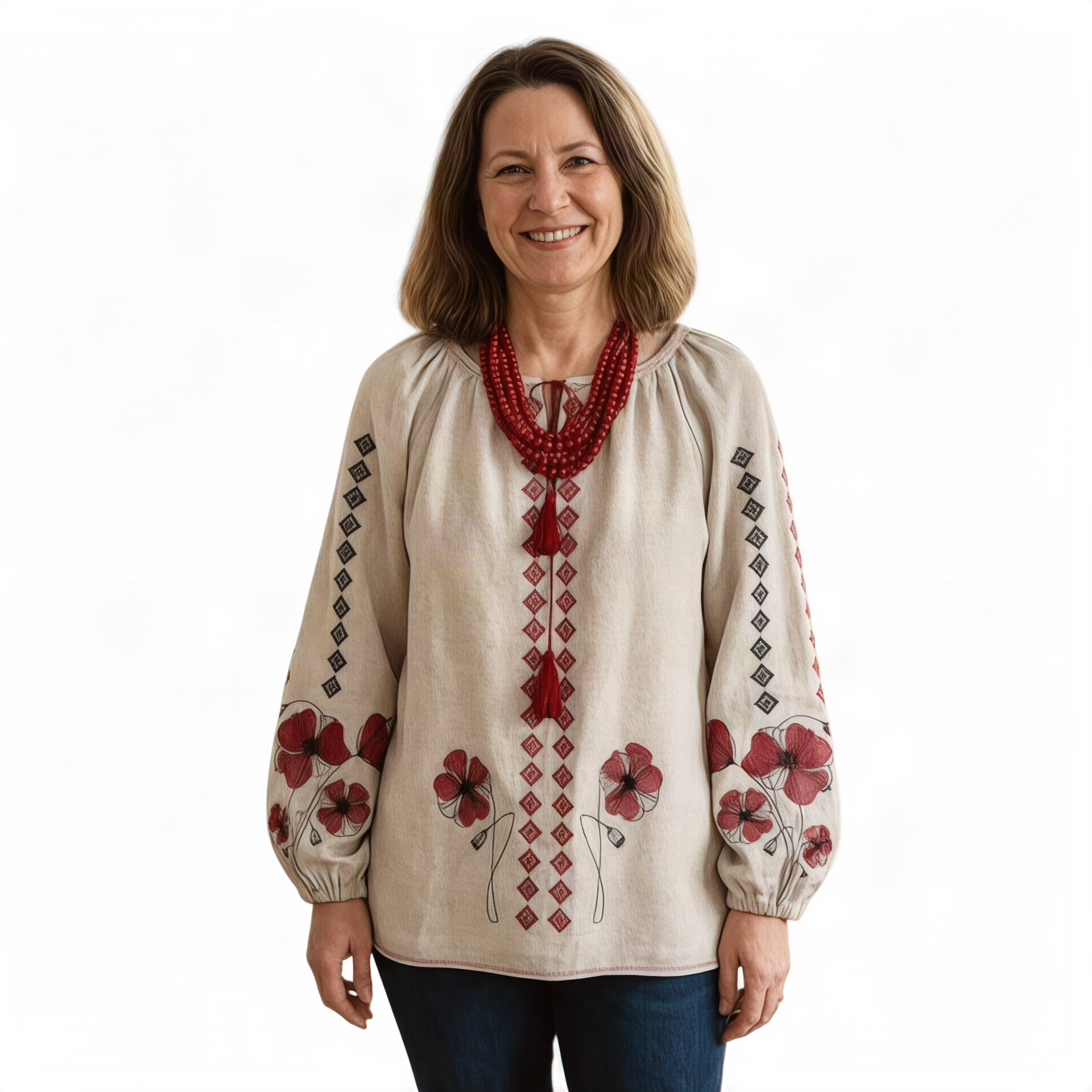 Gray Blouse with Red Poppies and Traditional Patterns