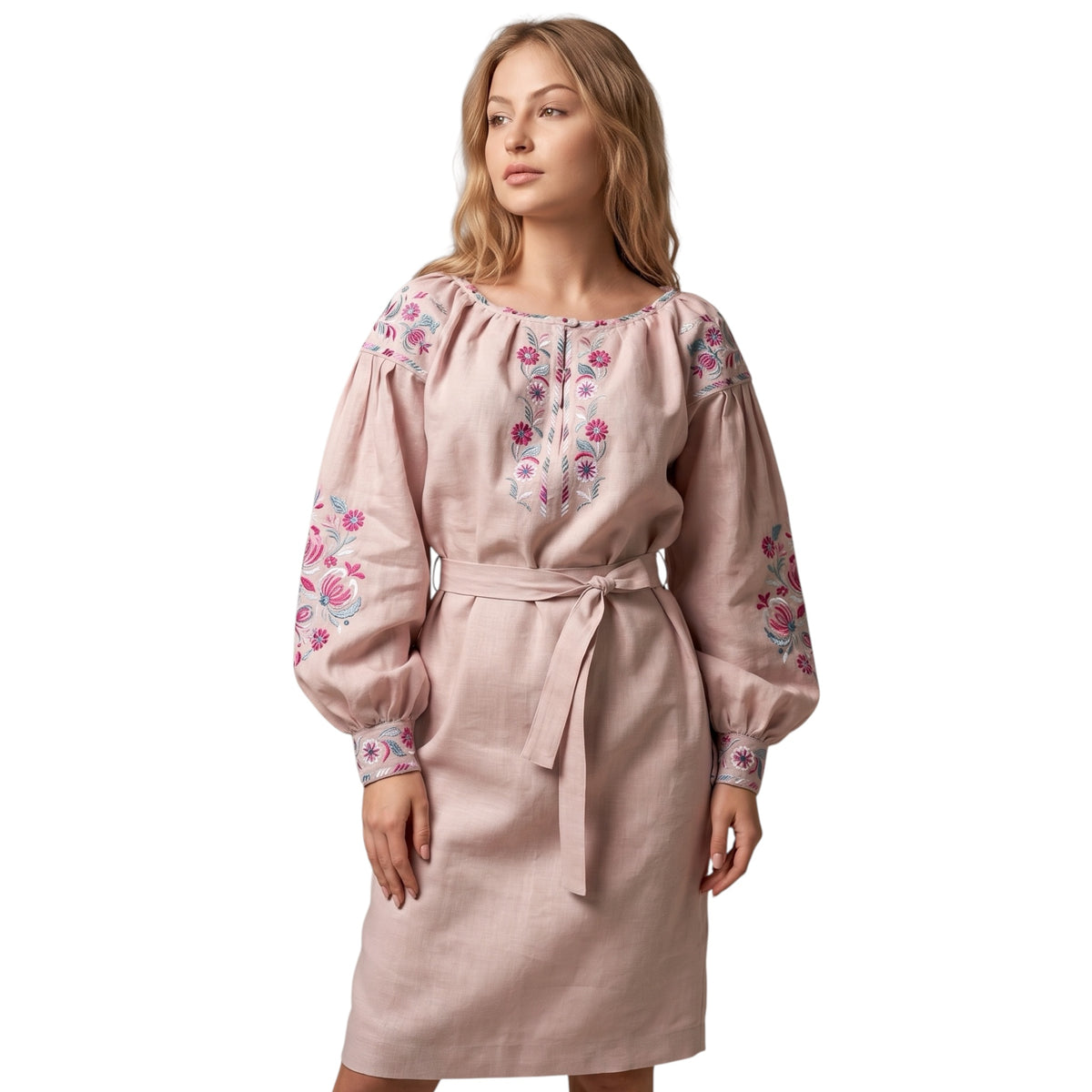 Powder Pink Linen Dress with Petrykivka Embroidery
