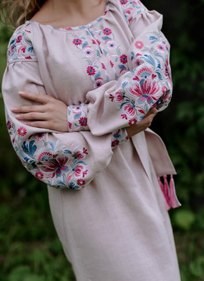 Powder Pink Linen Dress with Petrykivka Embroidery