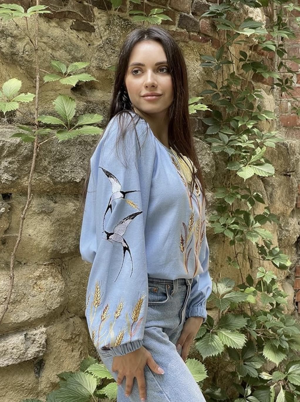 Custom Blue Linen Vyshyvanka – Bohemian Embroidered Blouse with Swallows and Wheat