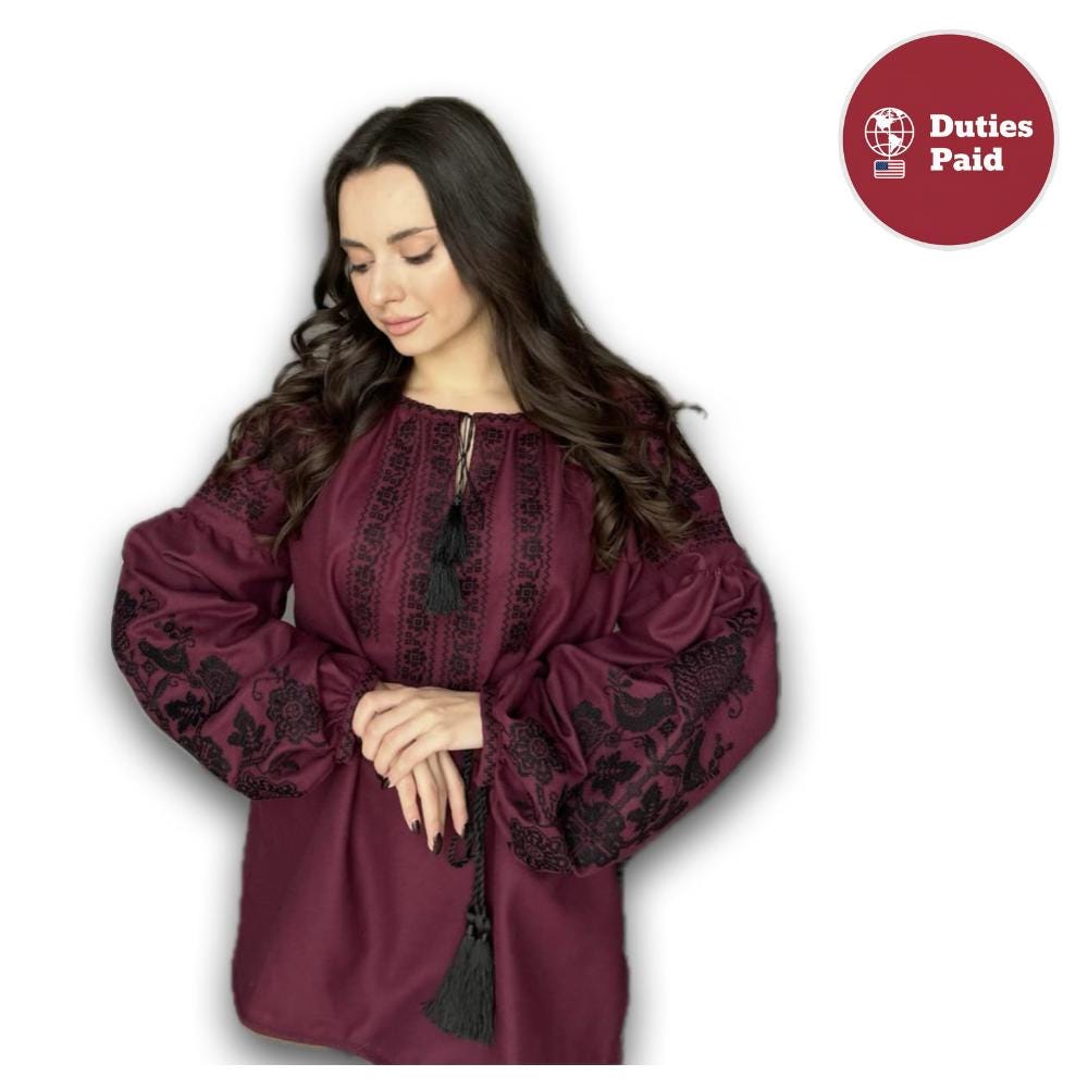 Burgundy Vyshyvanka Blouse – Black Embroidery Ukrainian Boho Ethno Folk Shirt