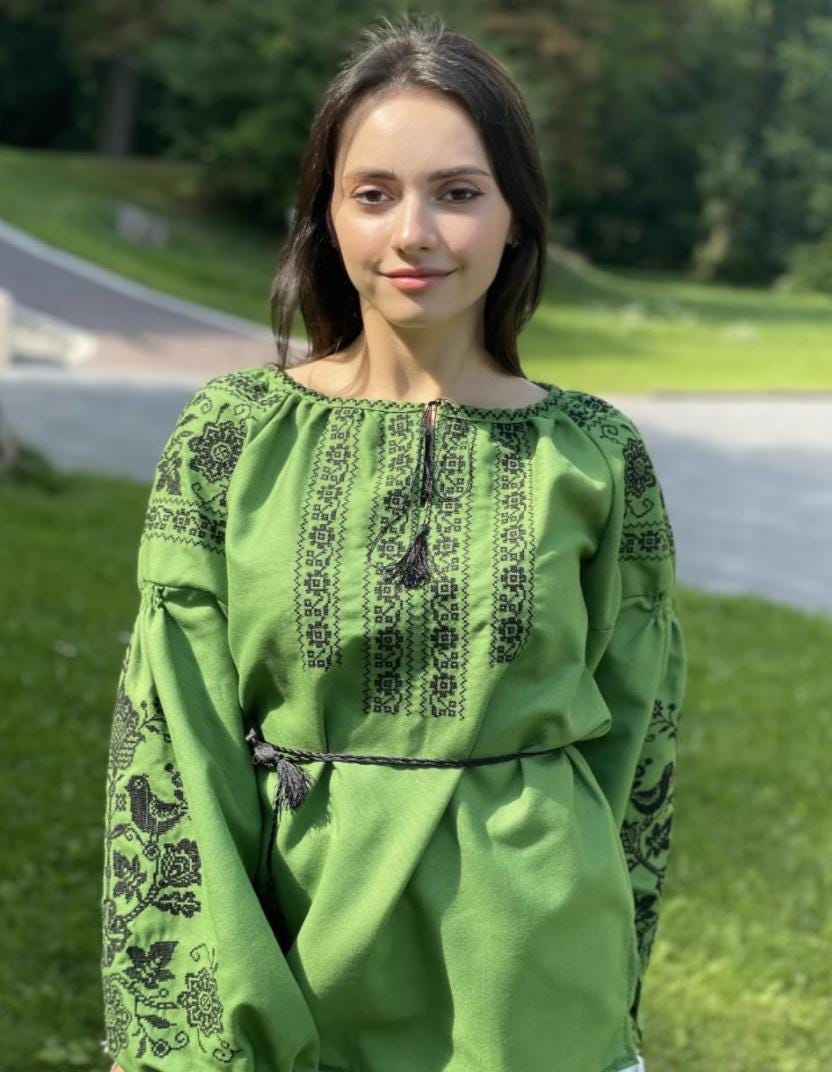 Green Boho Blouse, Black Bird Embroidery, Tree of Life Shirt, Ukrainian Vyshyvanka, Cotton Blend Tunic, Folk Festival Top, Custom Size Gift