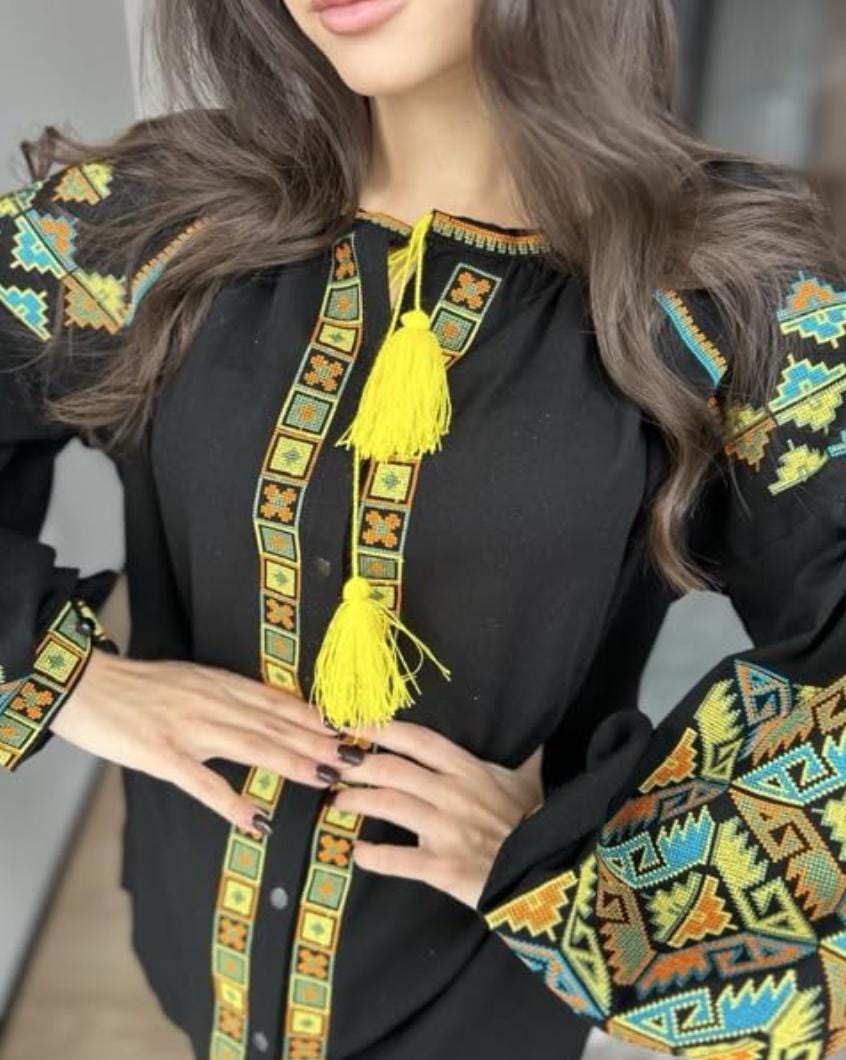 Black Linen Viscose Blouse, Geometric Boho Top, Yellow Tassels, Eco Gift Packaging, Plantable Tag, Custom Size Shirt, Ukrainian Vyshyvanka