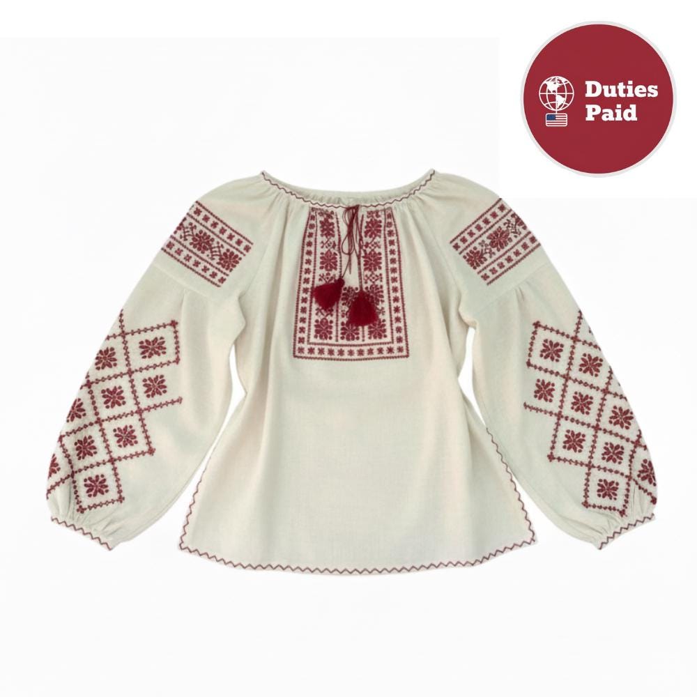 Hand Embroidered Blouse, Red Geometric Top, Boho Linen Cotton Shirt, Ukrainian Vyshyvanka, Bishop Sleeve Tunic, Custom Size, Artisan Made