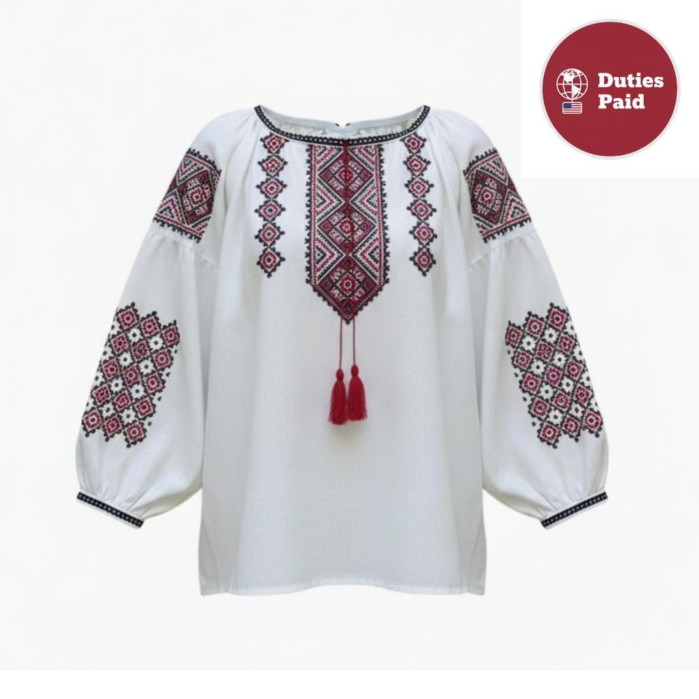 Hand Embroidered Ukrainian Vyshyvanka | Handmade Blouse | Red & Black Geometric Cross Stitch Top | Boho Folk Peasant Shirt