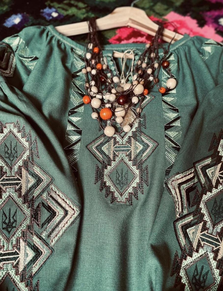 Custom Linen Vyshyvanka Blouse – Sage Green Embroidered Boho Ethno Folk Shirt