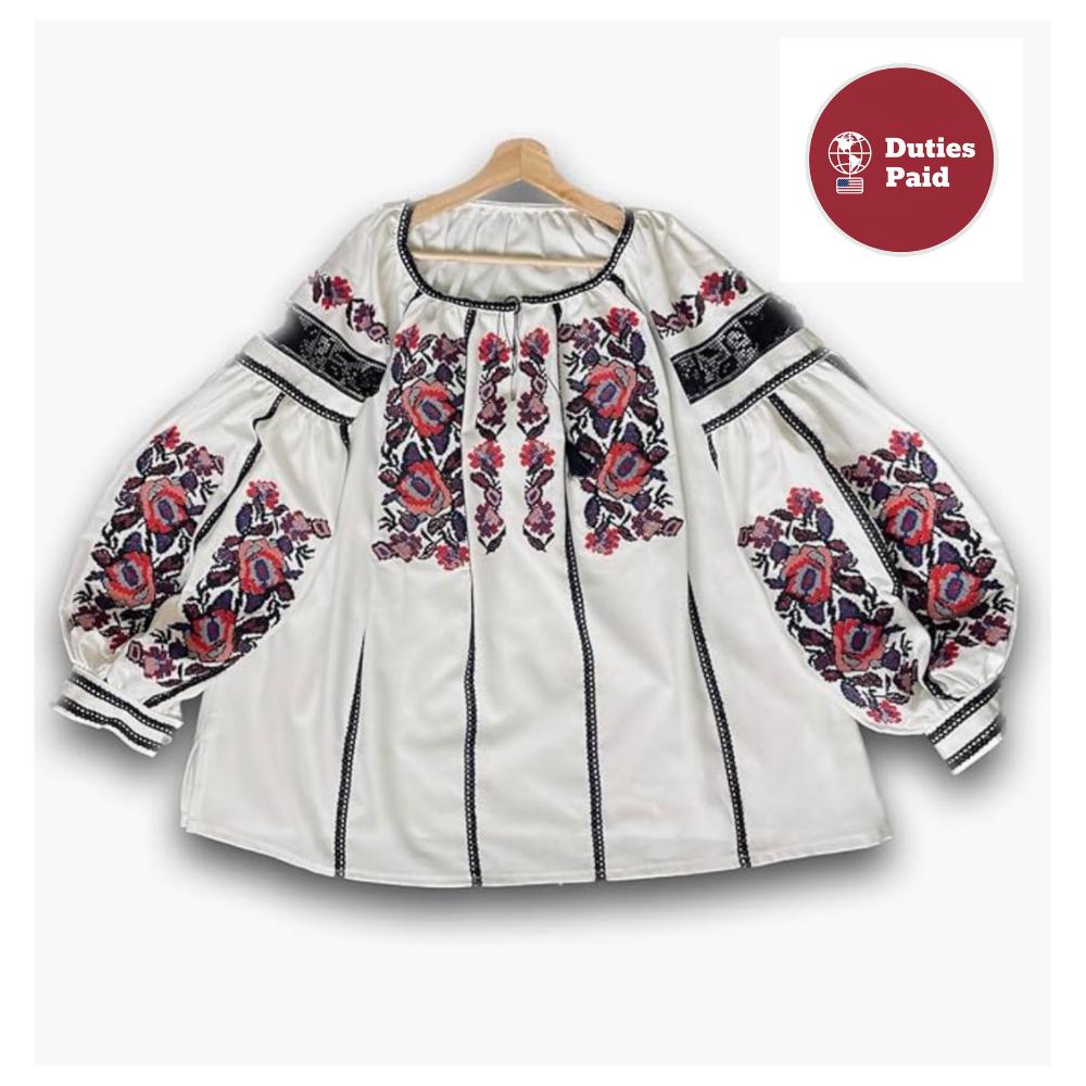 White Linen Vyshyvanka | Floral Embroidered Blouse with Black Lace | Ukrainian Family Look Shirt | Boho Folk Top for Women | Rose Embroidery