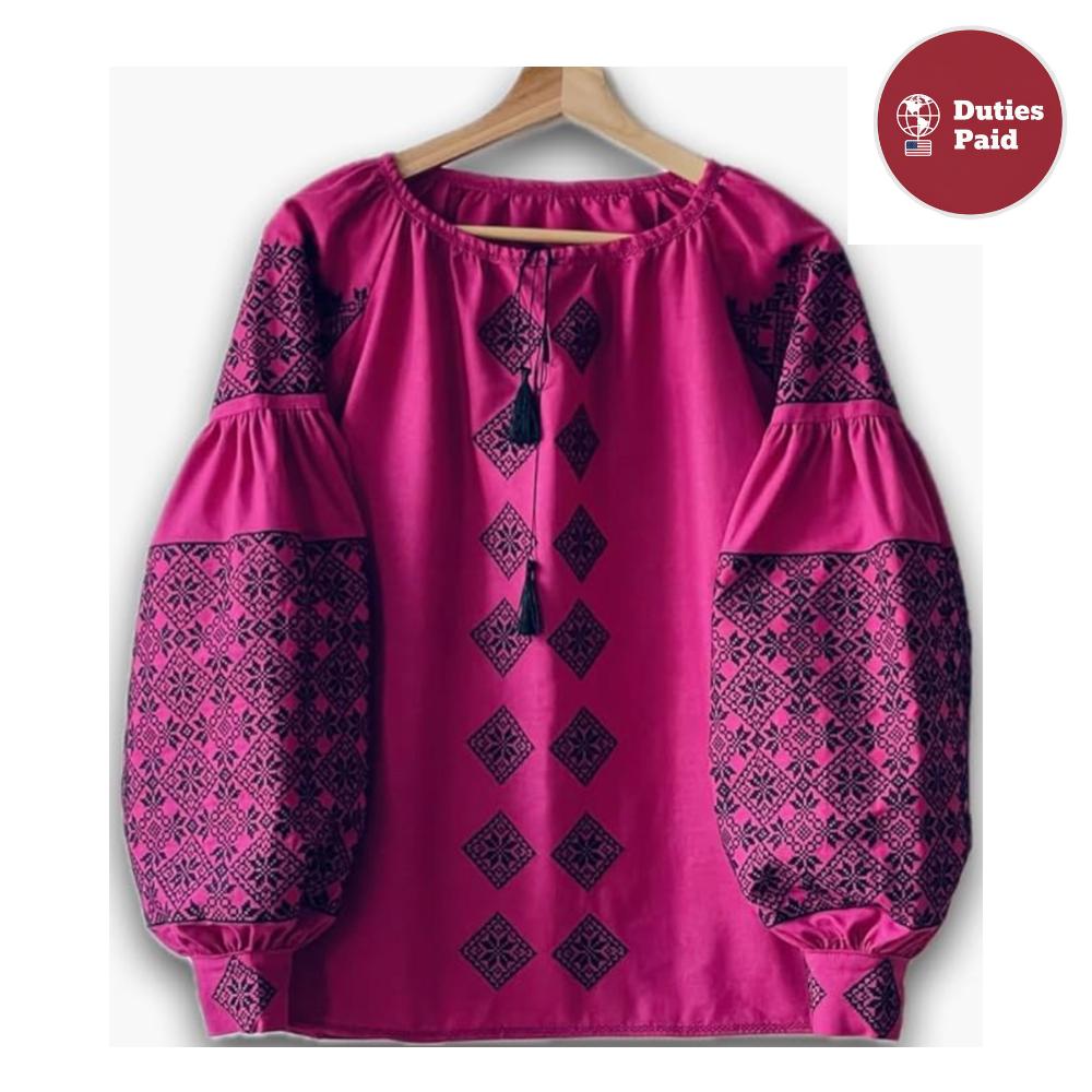 Magenta Ukrainian Vyshyvanka | Pink Linen Blouse with Navy Blue Embroidery | Boho Folk Top | Balloon Sleeve Shirt | Family Look Outfit