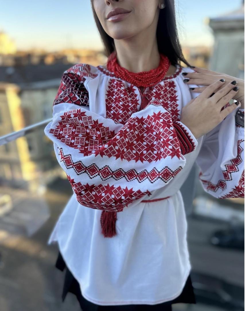 Traditional Vyshyvanka, Red Cross Stitch Top, White Boho Tunic, Custom Size Shirt, Artisan Made, Handcrafted Gift for Her, Wife, Mom