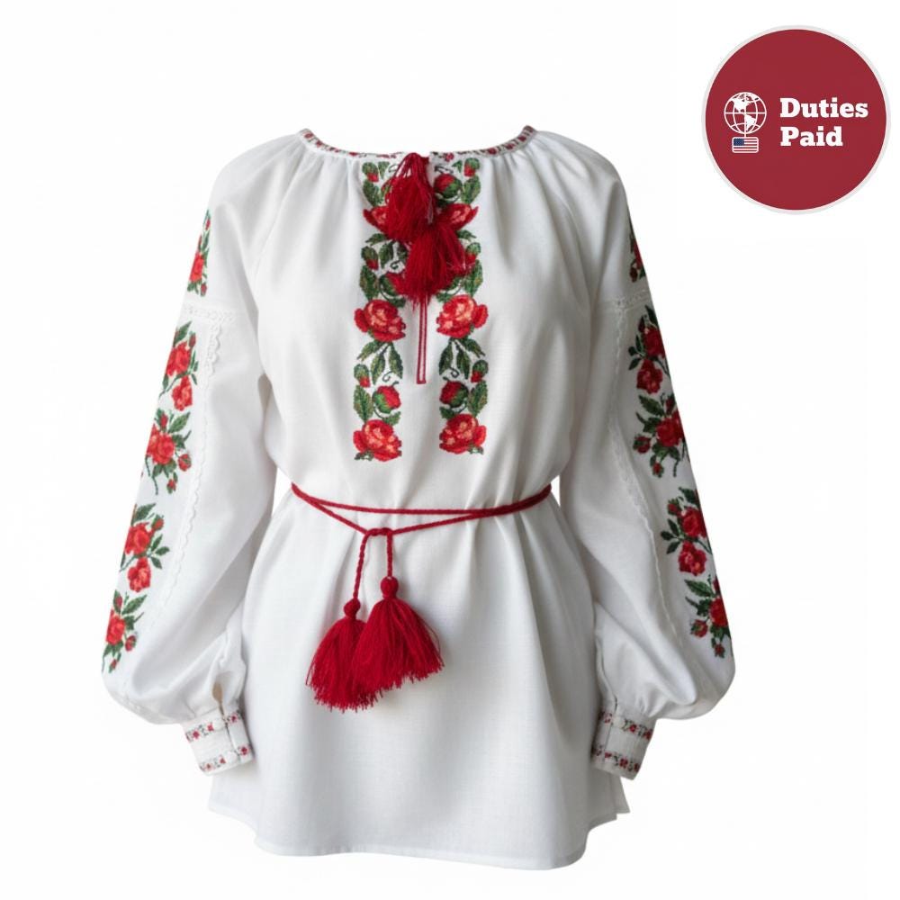 Ukrainian Vyshyvanka with Rose Embroidery | Handmade Linen Blouse | Folk Boho Clothing