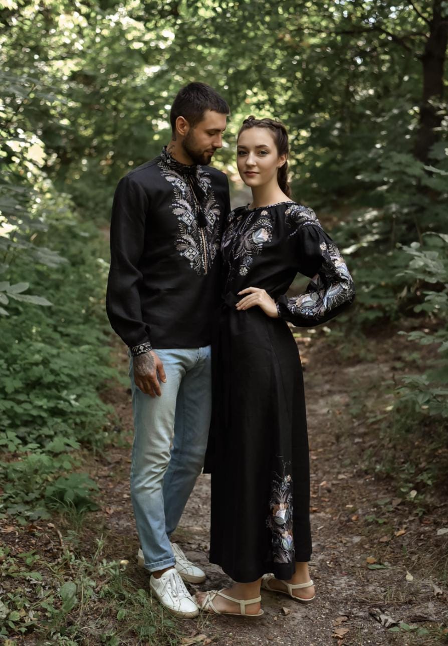 Men's Black Linen Vyshyvanka Shirt: Petrikivka Floral Embroidery