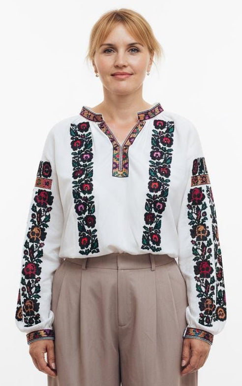 Borshchiv Style Blouse, Black Floral Embroidery, Ukrainian Easter Top, Linen Blend Shirt, Modern Folk Clothing, Custom Size, Artisan Made