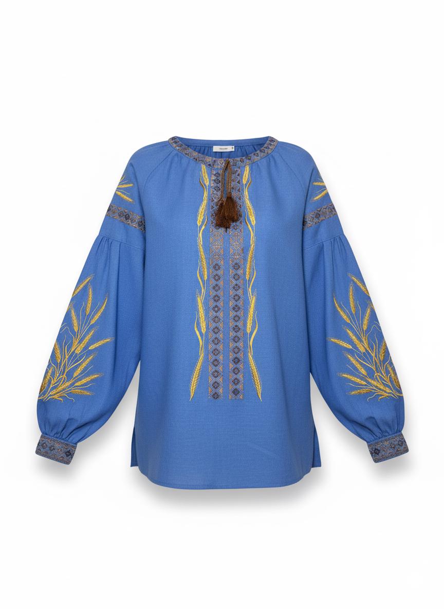 Blue Linen Viscose Blouse, Golden Wheat Embroidery, Ukrainian Vyshyvanka, Boho Peasant Top, Custom Fit Shirt