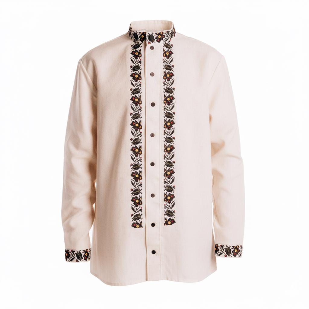 Men’s Ukrainian Embroidered Shirt | Beige Vyshyvanka | Traditional Podillia Pattern