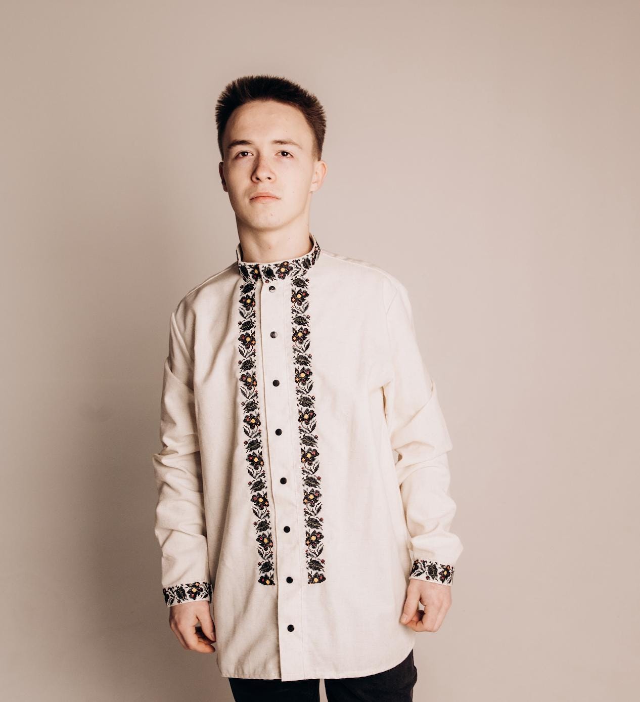 Men’s Ukrainian Embroidered Shirt | Beige Vyshyvanka | Traditional Podillia Pattern