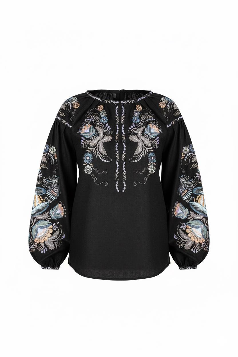 Black Linen Vyshyvanka Blouse | Hand Embroidered Ukrainian Shirt | Petrikivka Floral Embroidery