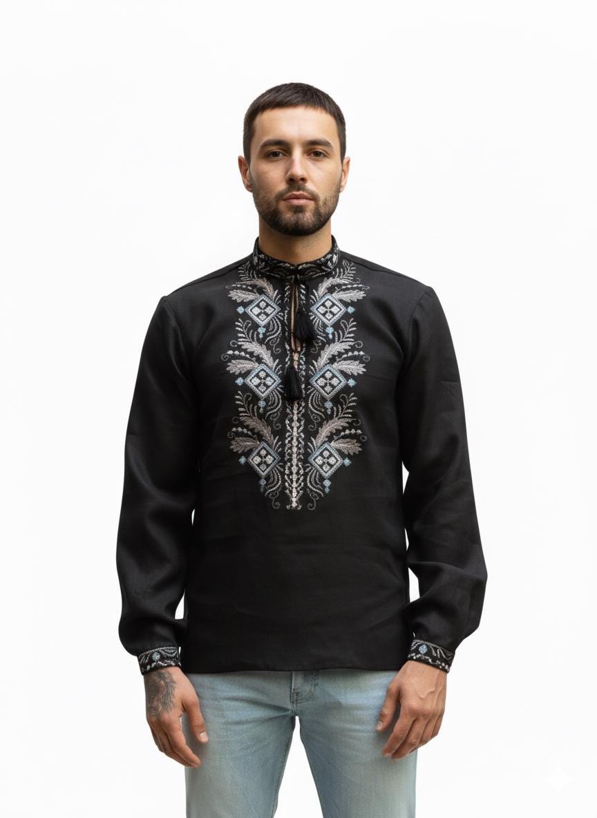 Men's Black Linen Vyshyvanka Shirt: Petrikivka Floral Embroidery