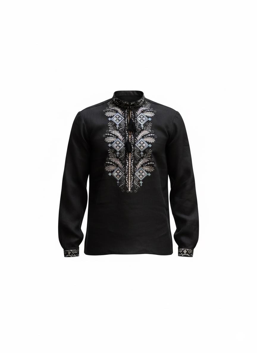 Men's Black Linen Vyshyvanka Shirt: Petrikivka Floral Embroidery