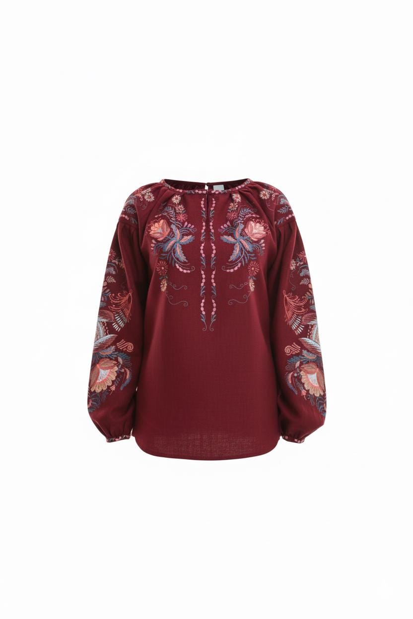Burgundy Linen Vyshyvanka Blouse | Embroidered Ukrainian Shirt | Petrikivka Floral Embroidery
