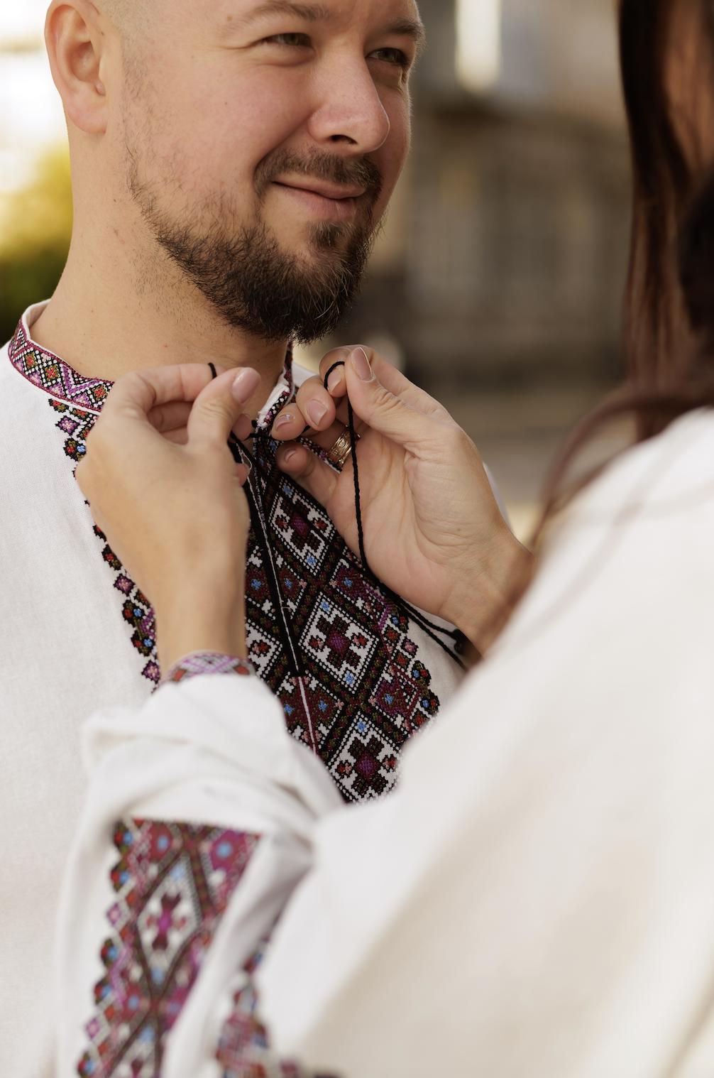 Men’s Ukrainian Embroidered Shirt | Linen Viscose Vyshyvanka | Podillia Geometric Folk Pattern | Handmade Custom Size | Matching Couple Set
