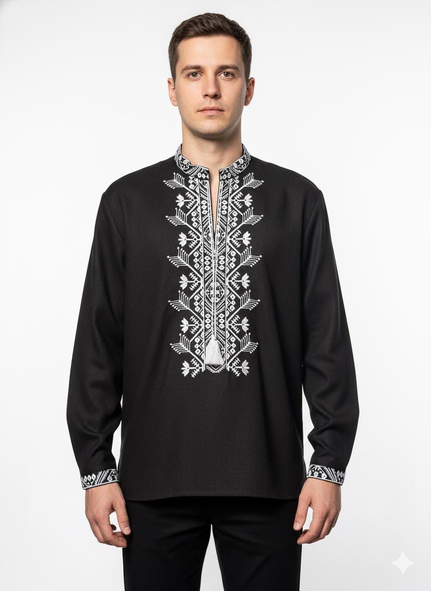 Black Embroidered Shirt for Men | Ukrainian Vyshyvanka | Machine Embroidery | Matching Couple Outfit | Handmade Gift from Ukraine
